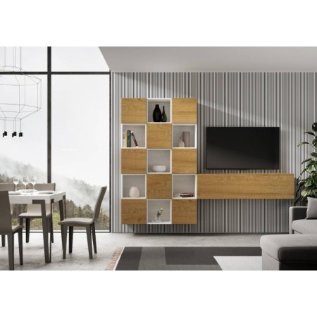 Parete attrezzata 274x200x39,5 cm, bianco frassino e quercia naturale