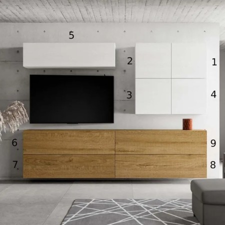 Parete attrezzata 308x200x39,5 cm, bianco frassino e quercia naturale