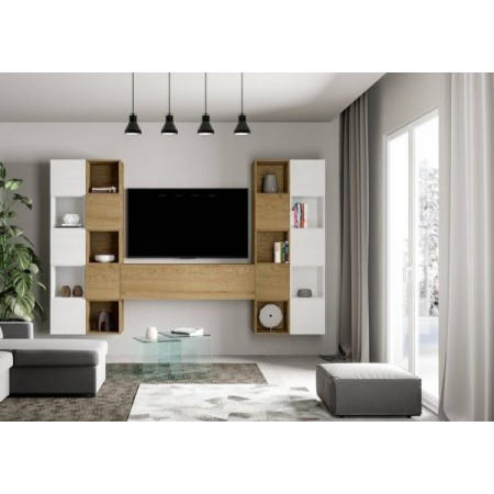 Parete attrezzata 314x200x39,5 cm, bianco frassino e quercia naturale