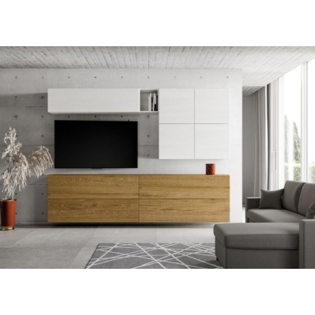 Parete attrezzata 308x200x39,5 cm, bianco frassino e quercia naturale