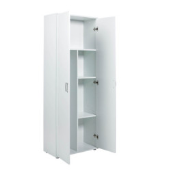 Armadio con 2 ante,ripiani e vano porta scope,in laminato bianco con finitura opaca