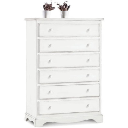 Cassettiera in Legno Massello Bianco Opaco con 6 Cassetti Spaziosi