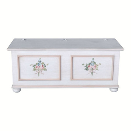 Cassapanca arte povera in legno shabby bianco anticato decorato filo rosa