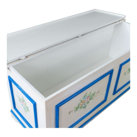 Cassapanca arte povera in legno shabby bianco anticato decorato filo blu