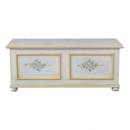 Cassapanca arte povera in legno shabby bianco anticato decorato filo giallo