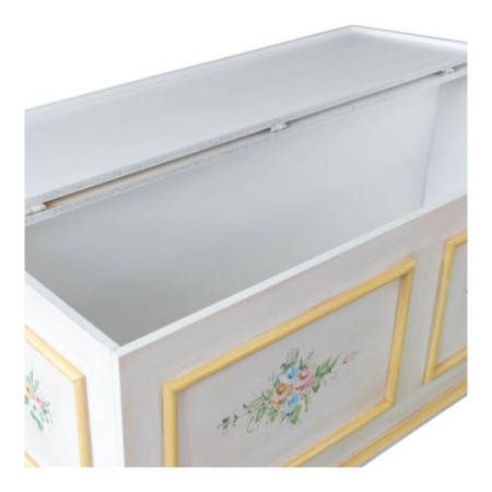 Cassapanca arte povera in legno shabby bianco anticato decorato filo giallo