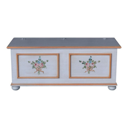 Cassapanca arte povera in legno shabby bianco anticato decorato filo arancio